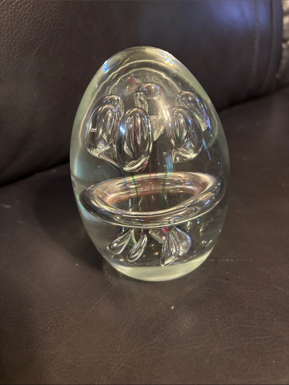 Clear Glass Art Egg Sculpture with Internal Floral Motif